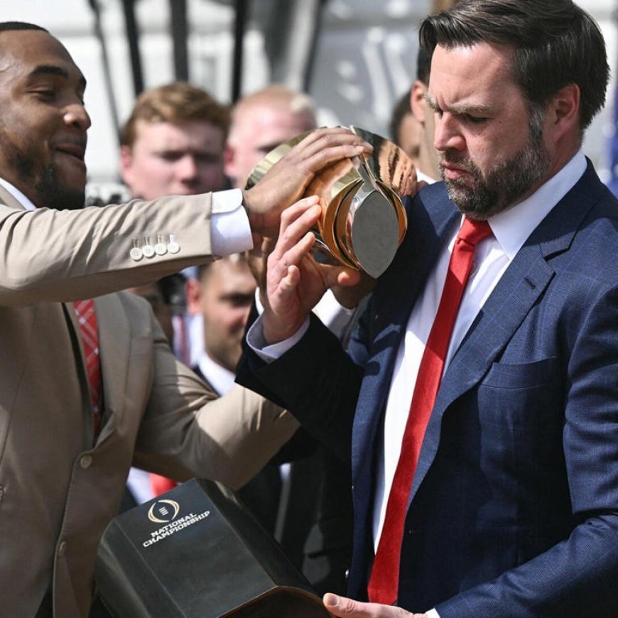 JD Vance drops Ohio State's national football trophy during White House celebration
