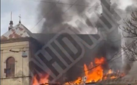 The Bernardine Monastery in Lviv (Church of St. Andrew) engulfed in flames after being struck by a Russian drone