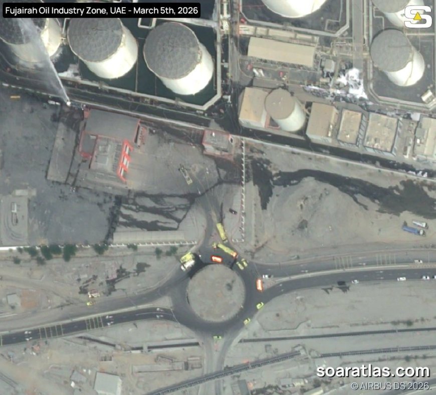 Imágenes satelitales de Soar Atlas revelan graves daños en la Zona Industrial Petrolera de Fujairah: tanques en llamas y uno destruido tras el incidente con un dron