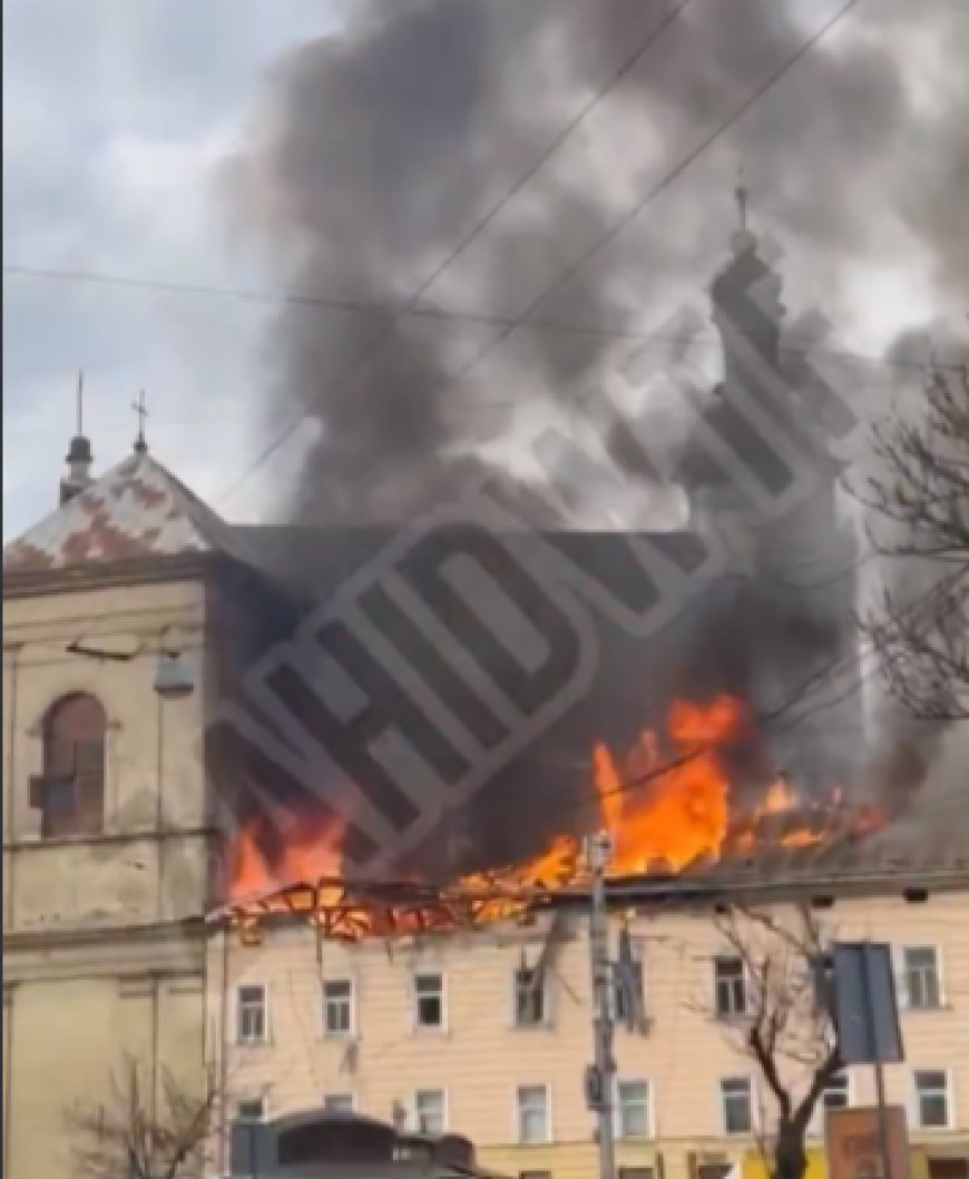 The Bernardine Monastery in Lviv (Church of St. Andrew) engulfed in flames after being struck by a Russian drone