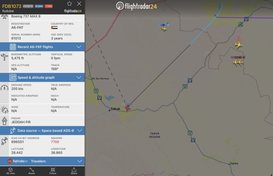 Flydubai FZ1073 squawks 7700 then 7500, then 7700 again; aircraft diverts to Tabuk